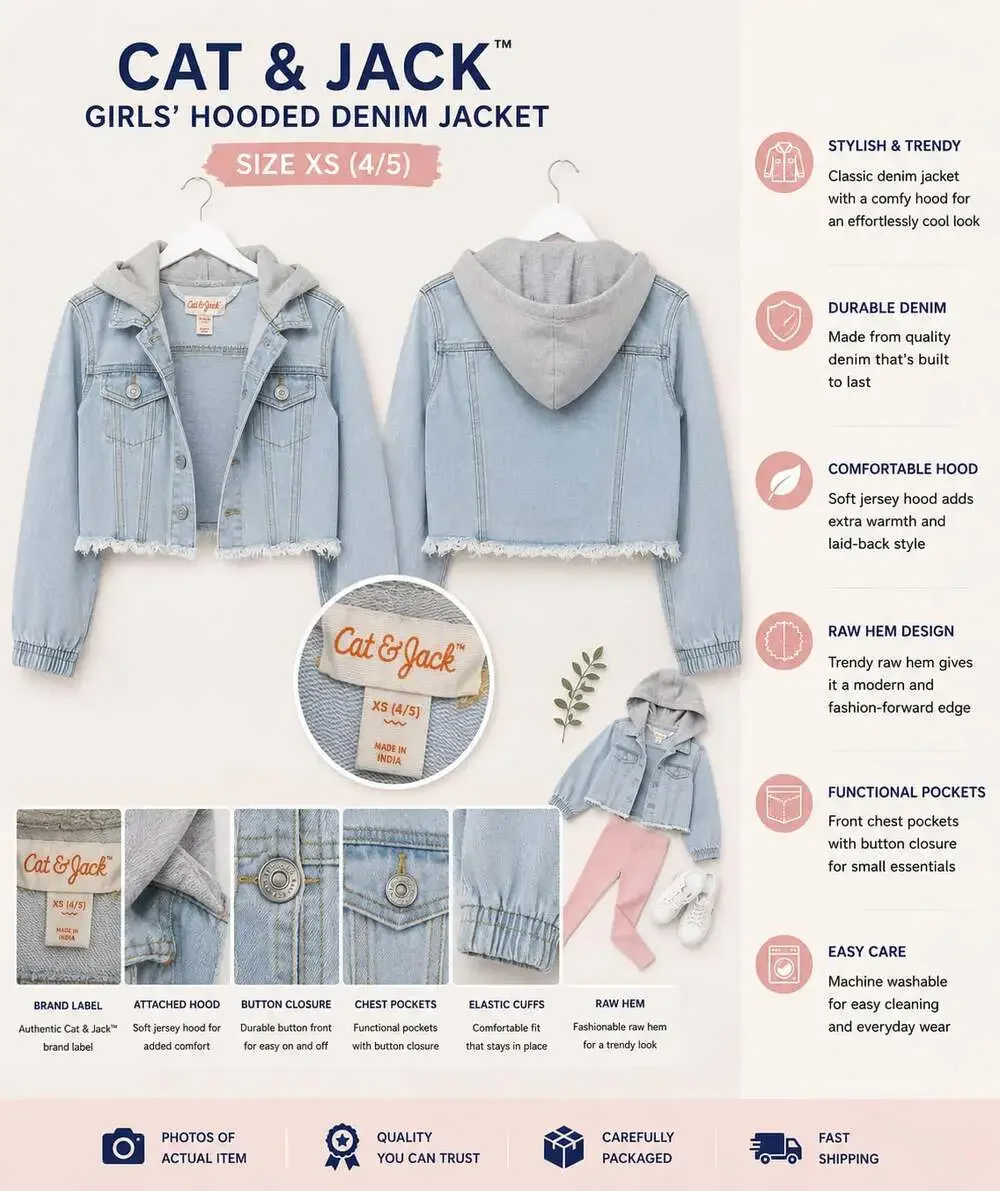 Cat & Jack Girls' Hooded Denim Jacket with Raw Hem, Size XS (4/5)